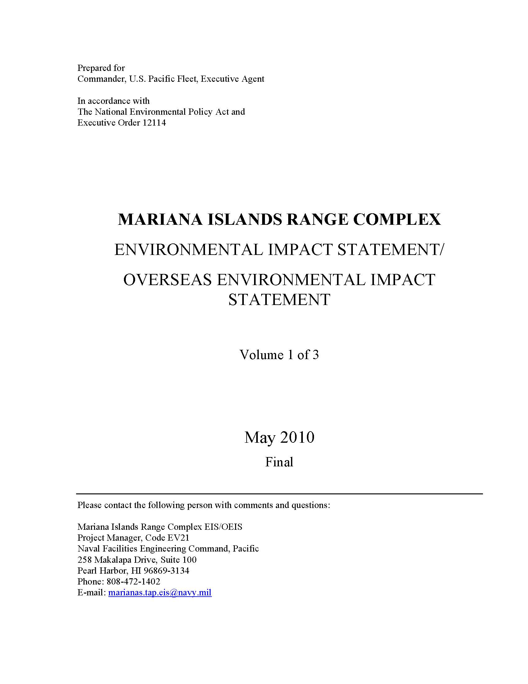 This is an image of the cover of the Phase I Mariana Islands Range Complex Environmental Impact Statement/Overseas Environmental Impact Statement (2010).